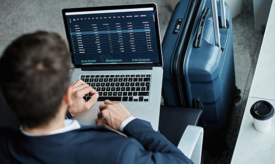A man reviews a spreadsheet on a laptop.