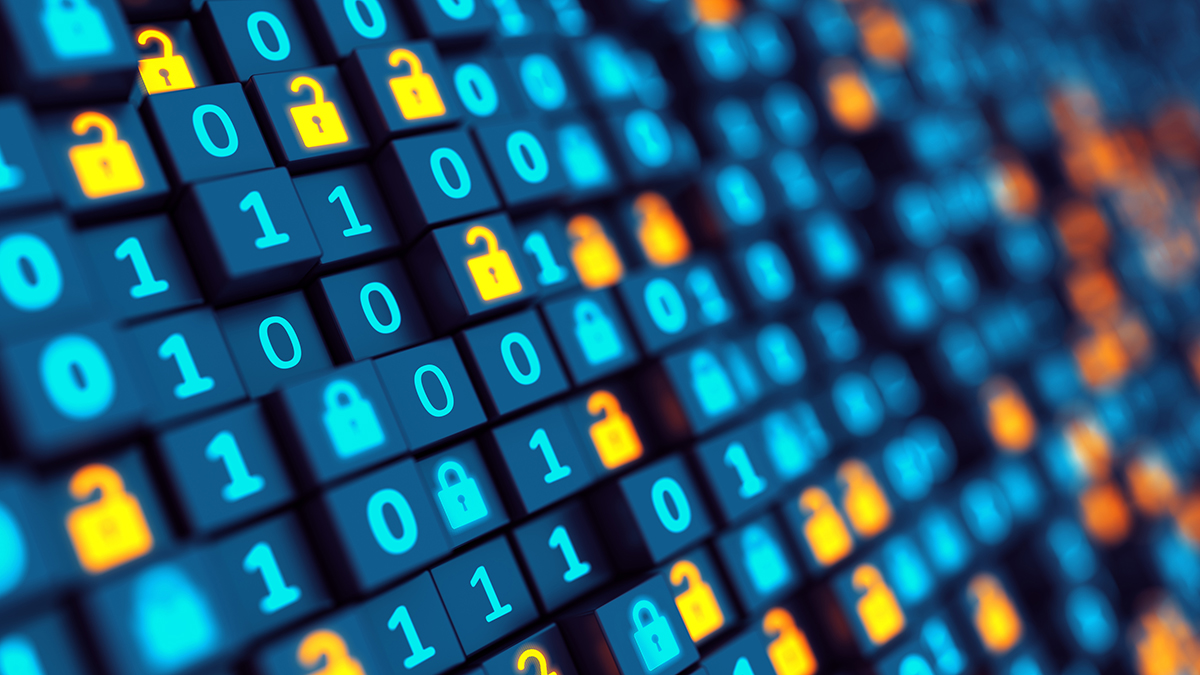 Binary code and digital Lock. Hacker attack and data breach. Big data with encrypted computer code. Safe your data. Cyber internet security and privacy concept. Database storage 3d illustration